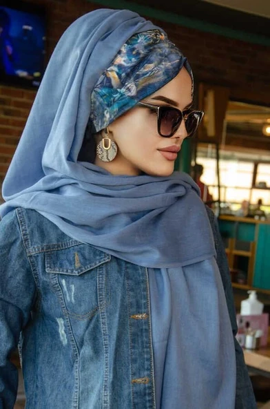 Kot Mavi Çiçek Desen Hazır Şal - Resim 3