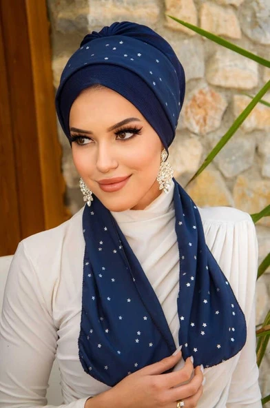 Lacivert Yıldız Fularlı Bone-40602 - Resim 2