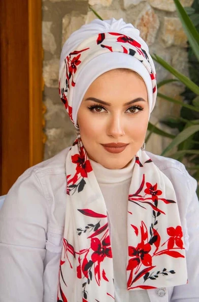 Beyaz Kırmızı Çiçek Desen Fularlı Bone - Resim 2
