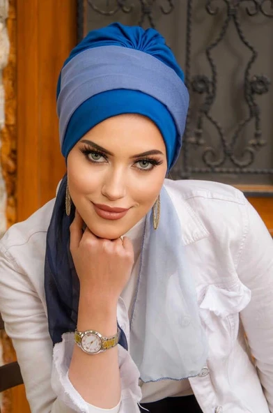 Koyu Mavi Batik Fularlı Desen Fularlı Bone ürün görseli