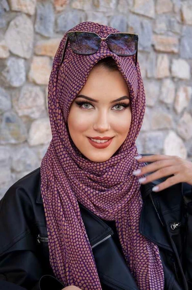 Mor Puan Desenli Şapka Şal - Resim 4