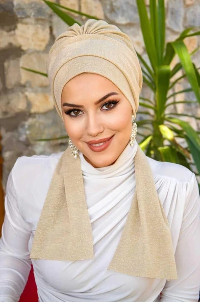 Bej Hazır Işıltılı Atkılı Bone - Resim 2