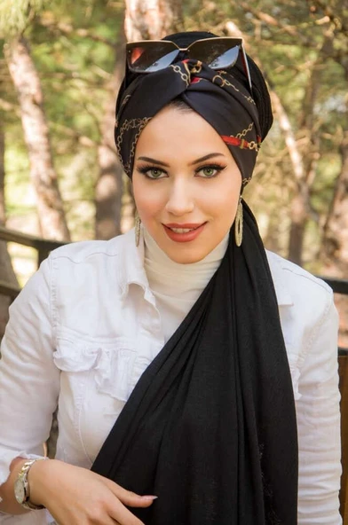 Siyah Zincir Desen Burgu Hazır Şal - Resim 2