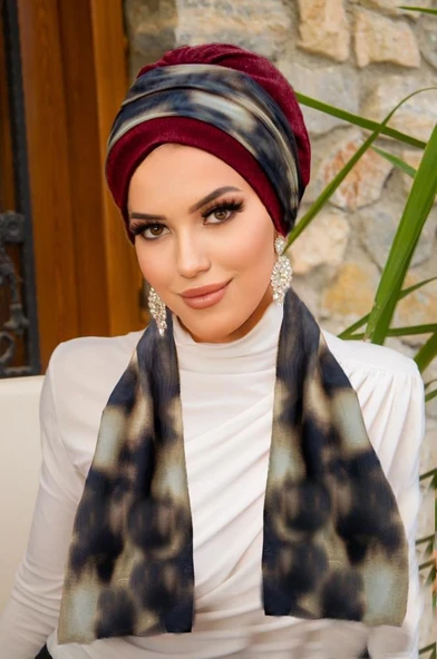 Bordo Kahve Batik Desen Fularlı Bone ürün görseli