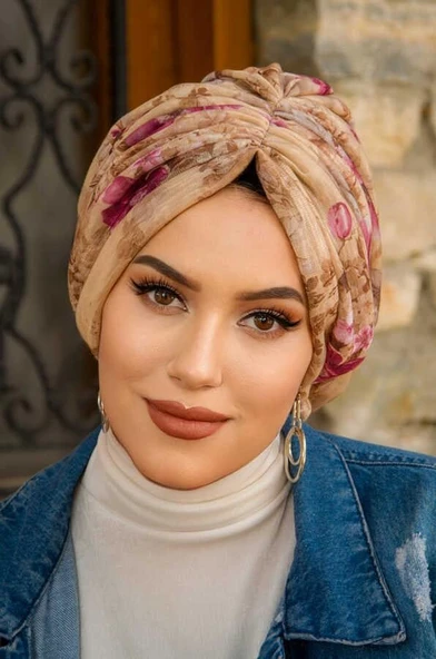 Camel Vişne Çiçek Desen Tokalı Bone ürün görseli