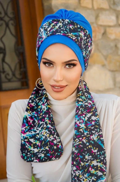 Mavi Siyah Puan Fularlı Bone - Resim 2