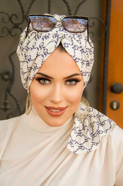 Beyaz Lacivert Hat Desen Tokalı Bone - Resim 2