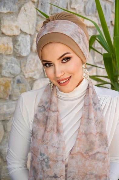 Bej Ebruli Desen Fularlı Bone ürün görseli