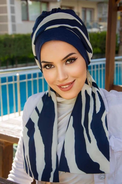 Lacivert Zebra Desen Fularlı Bone - Resim 3