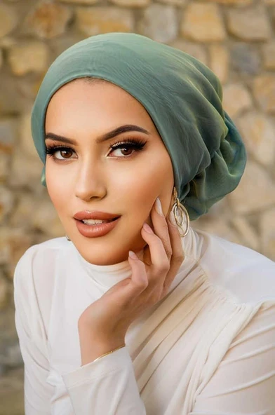 Yeşil Janjan Çağla Hazır Türban Bone - Resim 2