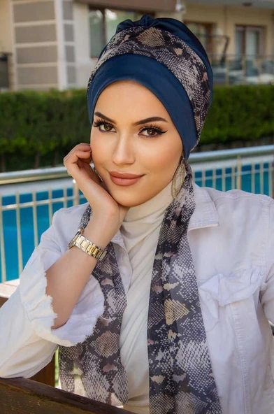 Lacivert Yılan Derisi Desen Fularlı Bone - Resim 2