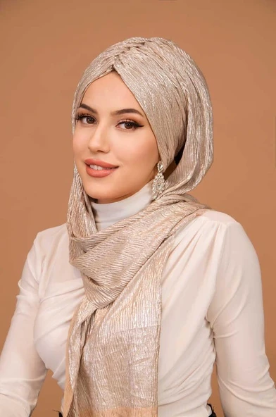 Rose Gold Piliseli Kelebek Model Büzgülü Bone Şal - Resim 4