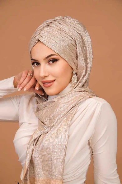 Rose Gold Piliseli Kelebek Model Büzgülü Bone Şal - Resim 2