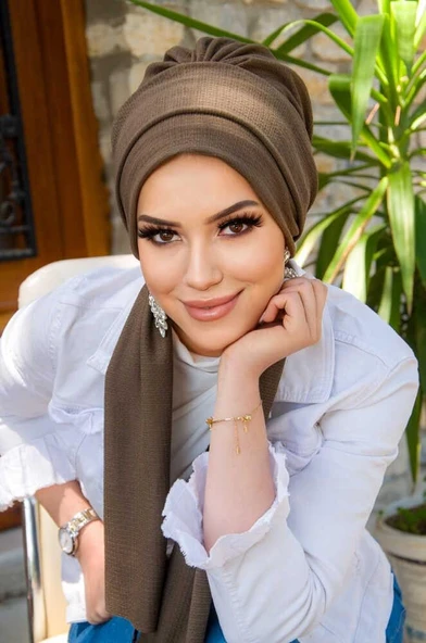 Açık Kahve Krınkıl Atkılı Tesettür Bone - Resim 3