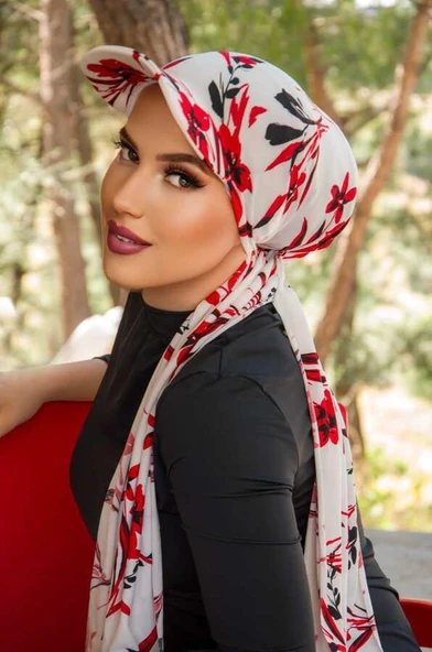 Kırmızı Beyaz Desen Şapkalı Bone Şal ürün görseli