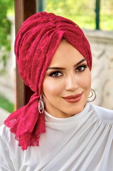 Bordo Çiçek Dantel Tokalı Bone - Resim 2