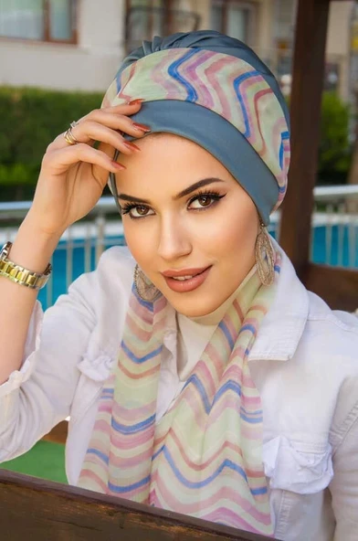 İndigo Geometrik Desen Fularlı Bone - Resim 3