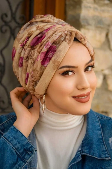 Camel Vişne Çiçek Desen Tokalı Bone - Resim 3