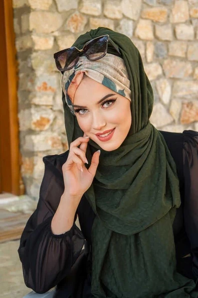 Haki Bej Çiçek Desenli Hazır Şal - 1