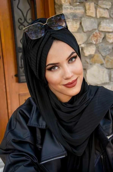 Siyah Çizgili Kelebek Model Büzgülü Bone Şal - Resim 4