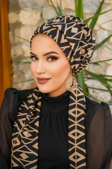 Siyah Bej Baklava Desenli Atkılı Bone - Resim 2