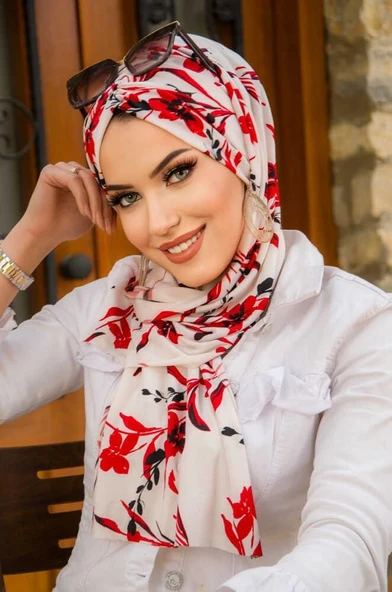 Kırmızı Beyaz Çiçek Desen Kelebek Bone Şal ürün görseli