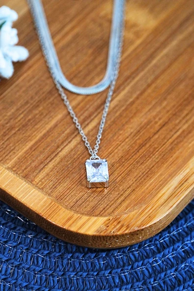 Bakla Model Zirkon Baget Taşlı Zincir Çelik Kolye - 2