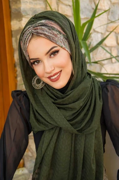 Haki Batik Desenli Hazır Şal - Resim 2