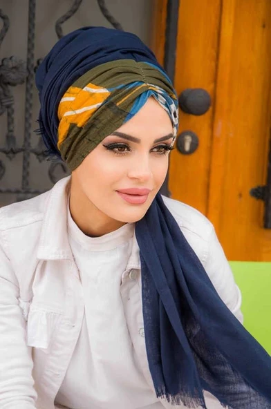 Lacivert Kolaj Desenli Büzgülü Hazır Şal - Resim 2