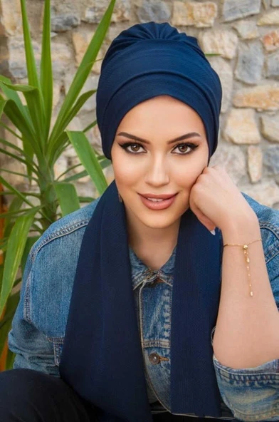 Koyu Lacivert Atkılı Tesettür Bone - Resim 3