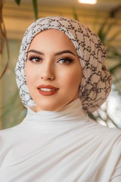 Beyaz Hat Desen Çağla Hazır Türban - Resim 2