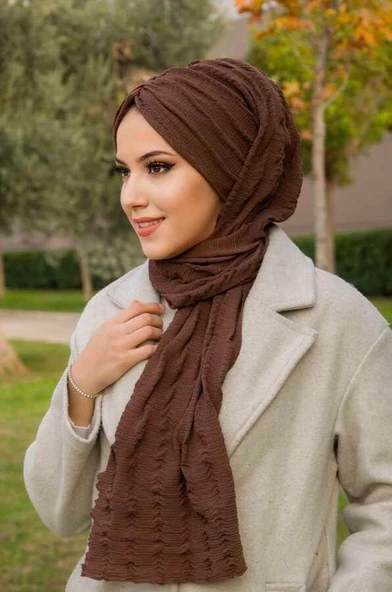 Kahve Kelebek Model Büzgülü Bone Şal - Resim 4