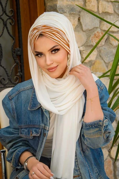 Kırık Beyaz Taba Çizgili Hazır Şal ürün görseli