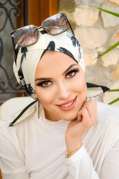 Füme Yaprak Desen Çapraz Bantlı Bone - Resim 3