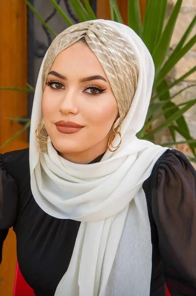 Beyaz Dore Kelebek Model Büzgülü Bone Şal - Resim 2
