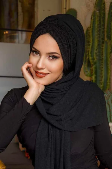 Siyah Kabartma Desen Kelebek Model Büzgülü Bone Şal - Resim 2