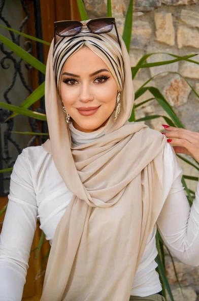 Bej Siyah Çizgi Desen Hazır Şal - Resim 3