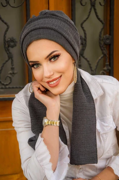 Antrasit Krınkıl Atkılı Tesettür Bone - Resim 2