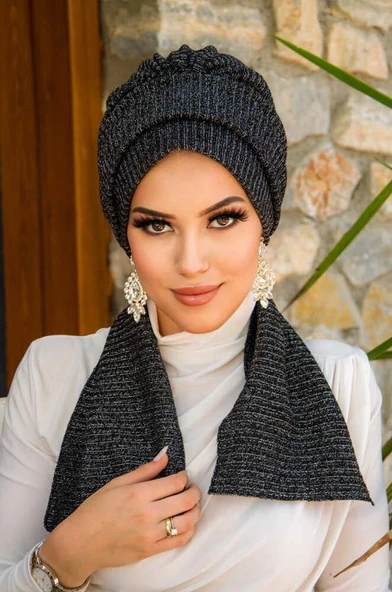 Siyah Gümüş Fitilli Atkılı Tesettür Bone - Resim 2