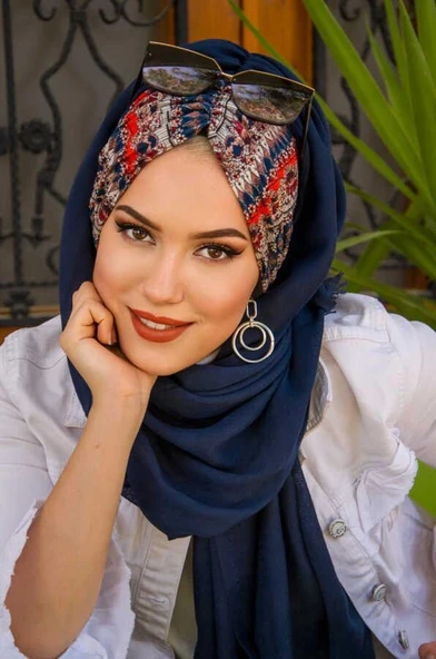 Lacivert Bordo Etnik Desen Büzgülü Hazır Şal ürün görseli