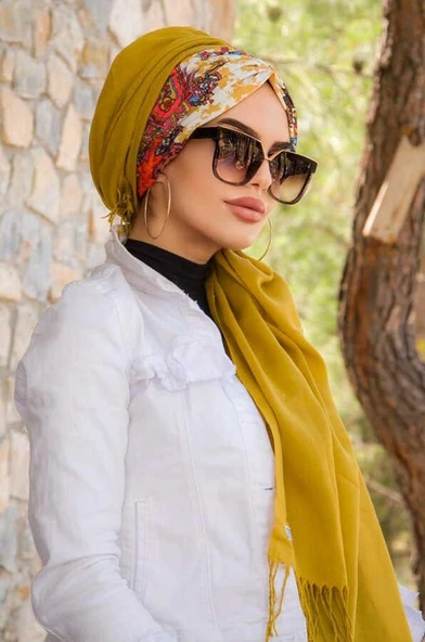 Hardal Etnik Desen Büzgülü Hazır Şal - 2