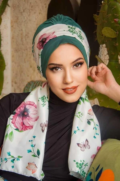 Zümrüt Çiçek Desen Fularlı Bone - Resim 3