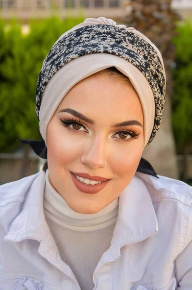 Siyah Ekru Çiçek Desen Bantlı Bone - Resim 2