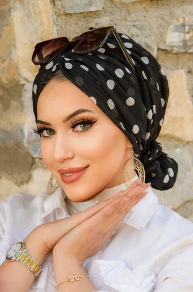 Siyah Beyaz Puan Desen Tokalı Bone - Resim 2