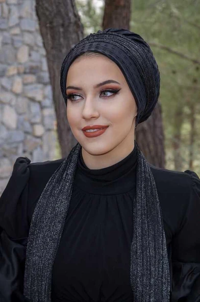 Siyah Kareli Gümüş Fularlı Bone - Resim 3