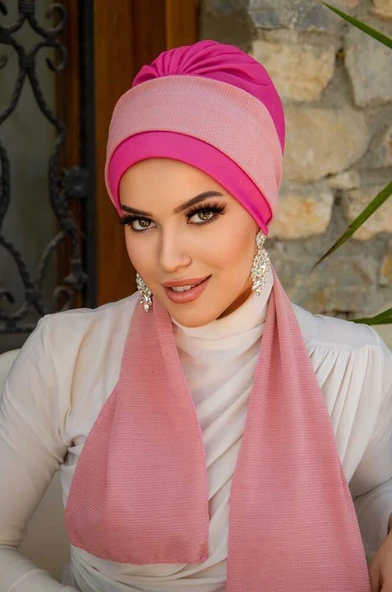 Fuşya Pudra Fularlı Bone - Resim 2