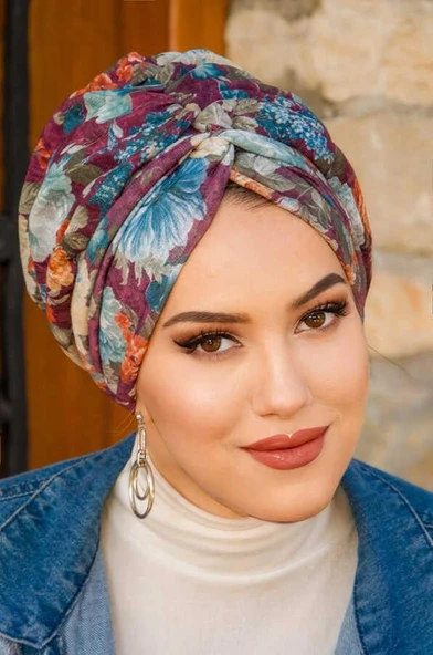 Bordo Çiçek Desen Burgu Bone - Resim 2