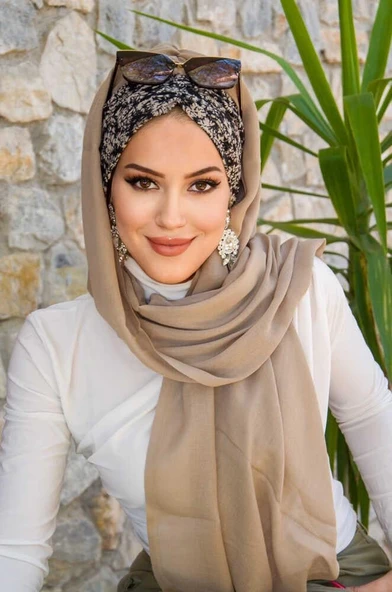 Bej Siyah Çiçek Desen Hazır Şal - Resim 5