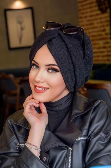 Siyah Triko Kışlık Burgu Bone - Resim 2