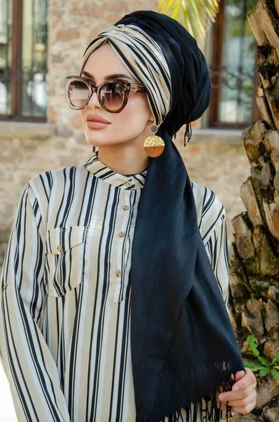 Siyah Bej Çizgi Desen Hazır Şal ürün görseli